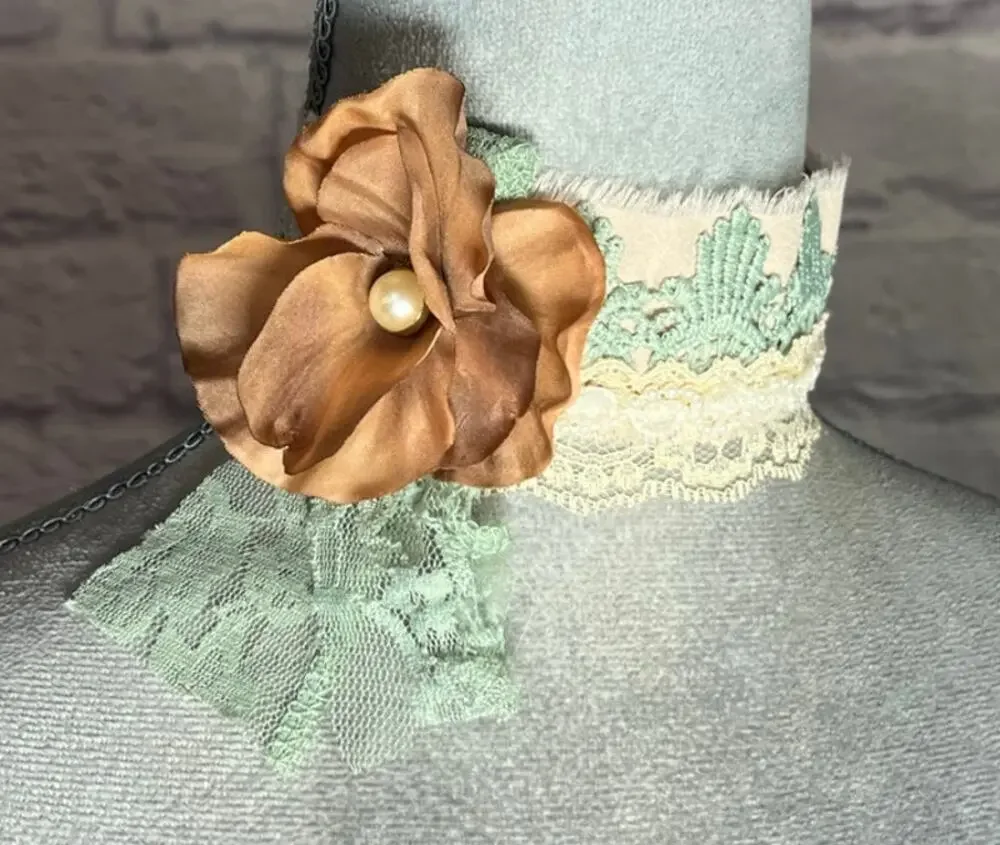 Shabby Chic Choker with Upcycled Lace, Silk Flower & Vintage Pearl Button